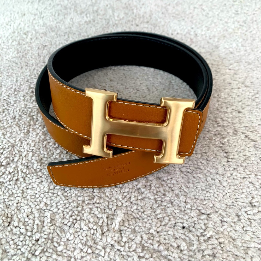 Reversible Gold H Constance belt tan black